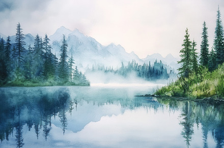 Serene watercolor of misty mountains, a Photo by Pavel_design