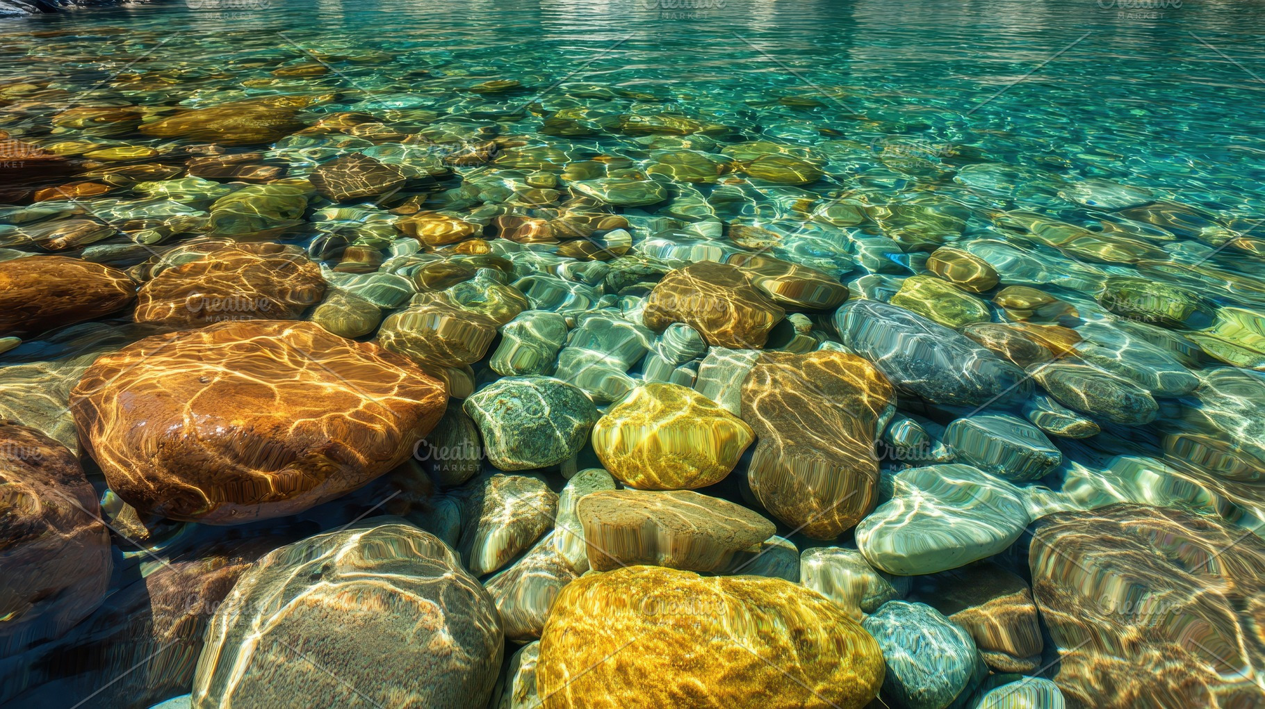 Clear water reveals colorful stones, a Photo by Pavel_design