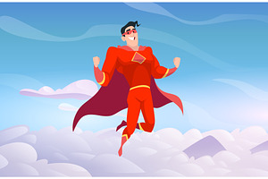 Hero in sky. superhero in red, an Illustration by Onyx