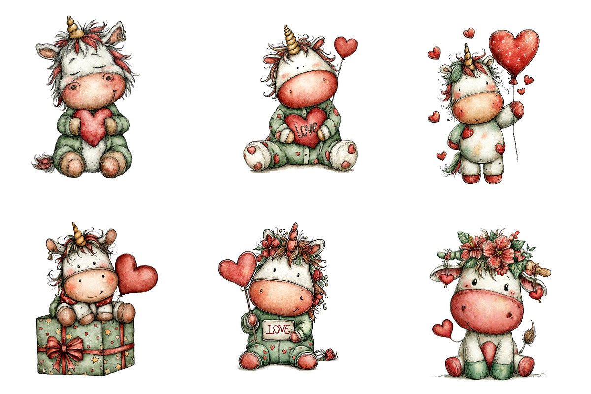 Whimsical Valentine Unicorn Clipart, an Illustration by CreationArt (Photo 4 of 5)