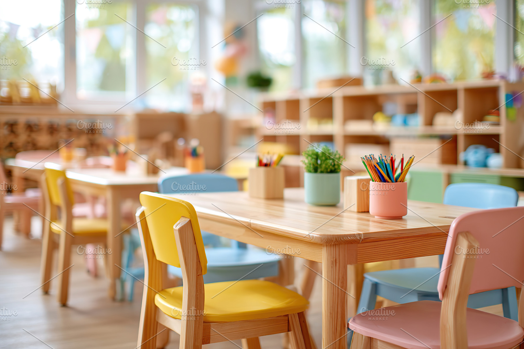 Bright and colorful classroom setting with tables and chairs arranged for learn, a Photo by AlyaAnd