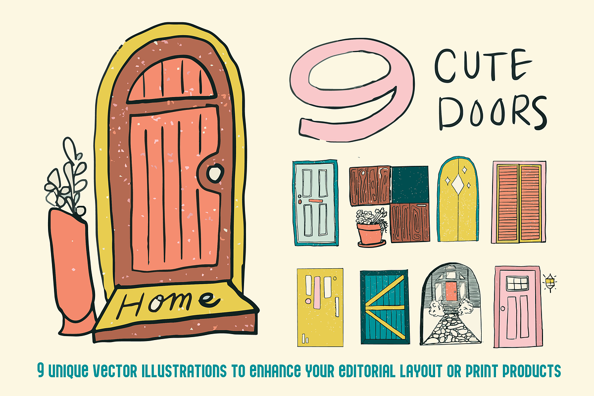 9 Cute Vector Door Illustrations, a Decorative Illustration by Charmellow (Photo 1 of 4)