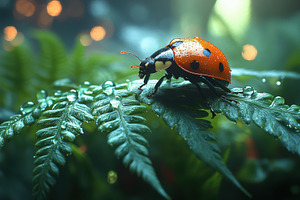 Bright ladybug perched on a green fe, a Photo by Tanuart