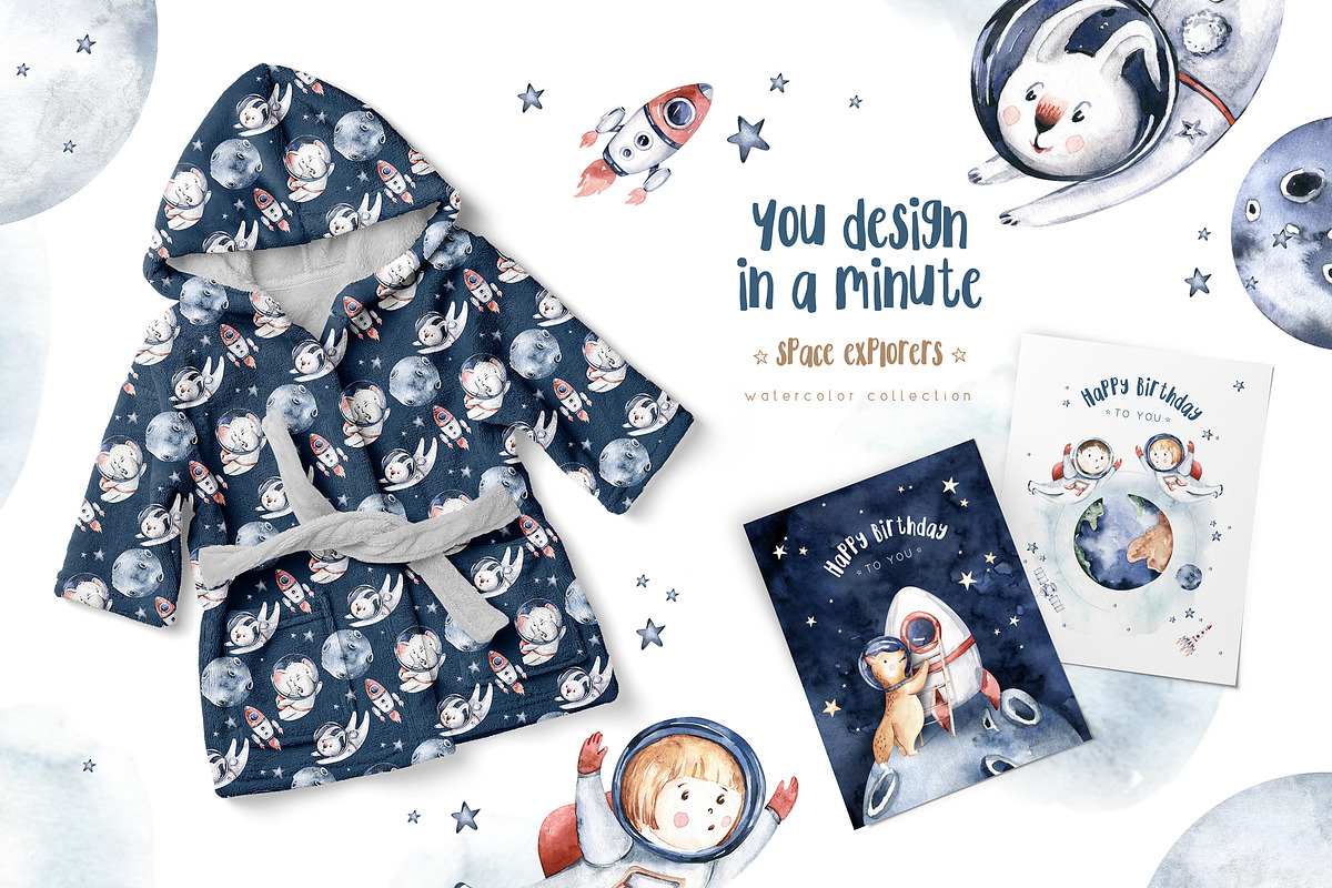 Watercolor space explorers. Kids set, an Animal Illustration by Peace ART (Photo 17 of 19)