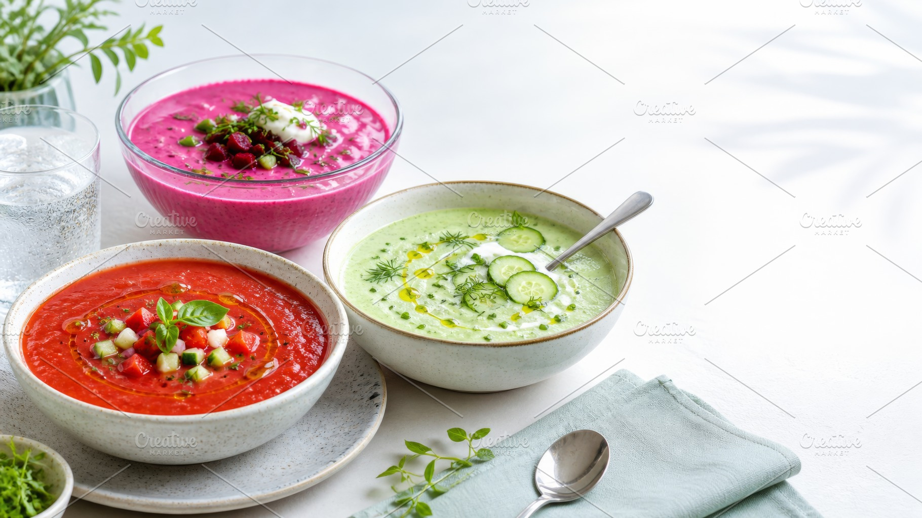 Chilled summer soups on table, suita, a Photo by Dvoevnore photos
