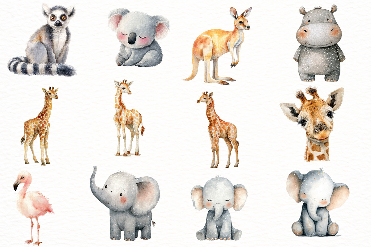 Watercolor Cute Baby Safari Animals, an Illustration by Designworld (Photo 3 of 8)