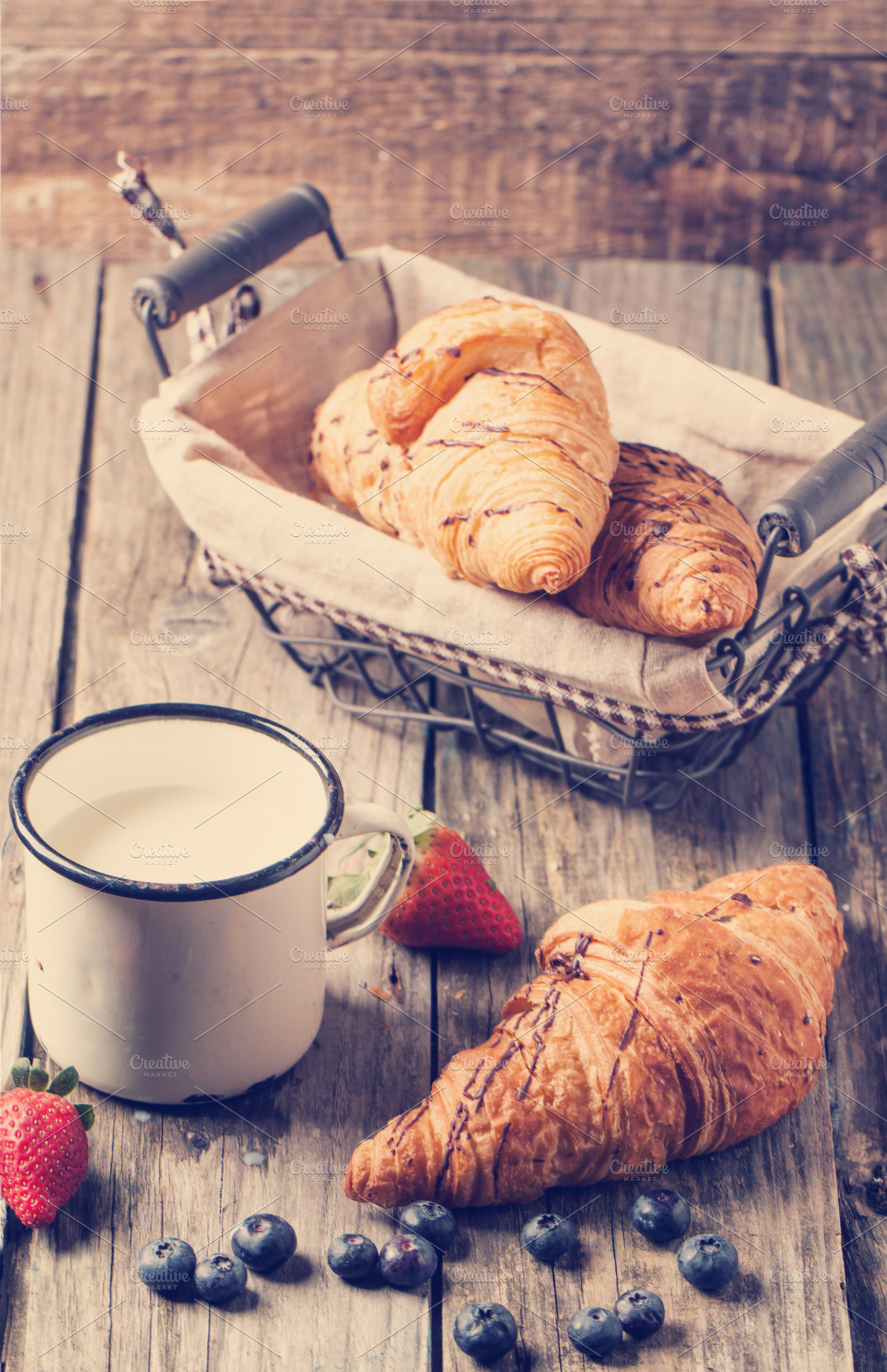Croissant milk and berries featuring breakfast, croissant, and pastry