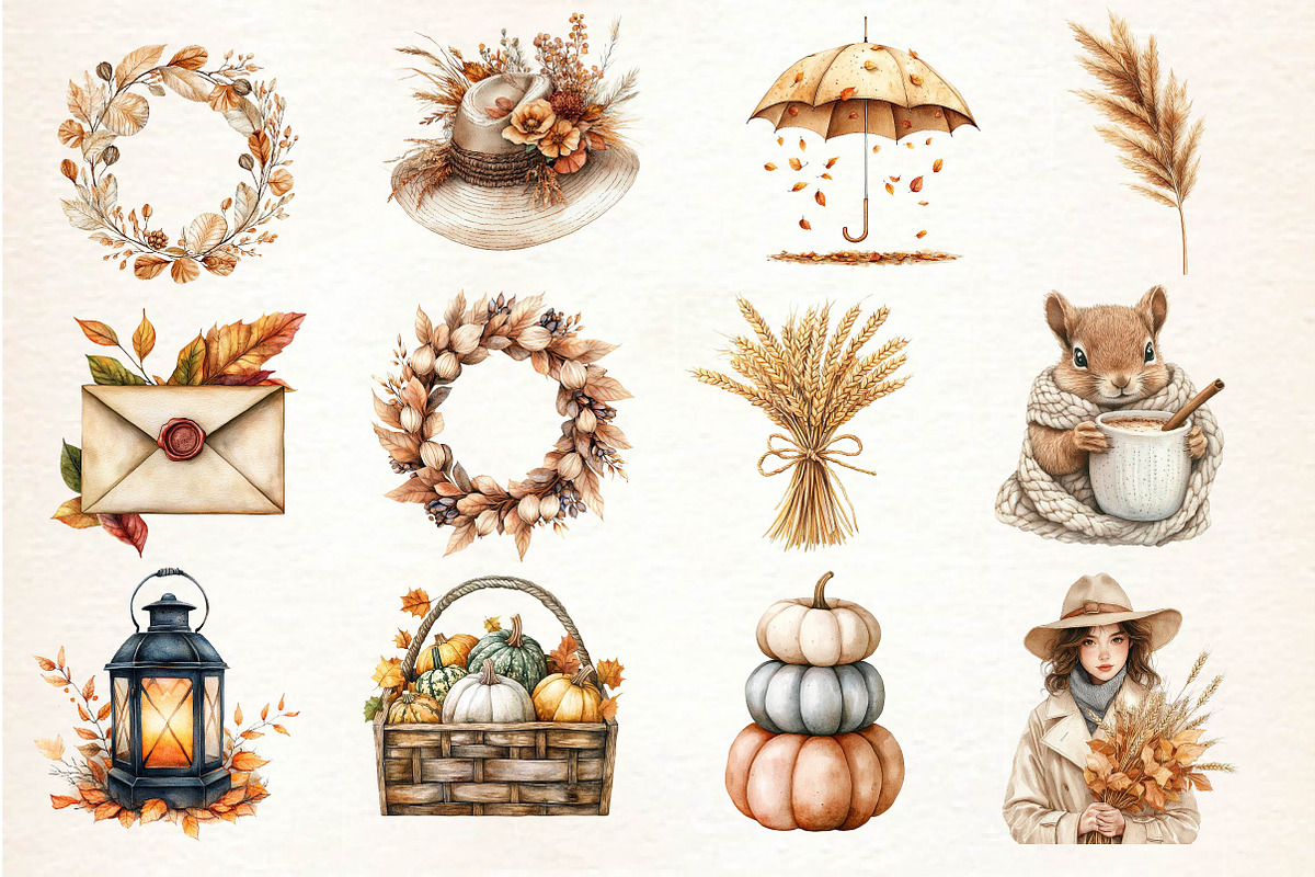 Watercolor Neutral Autumn Clipart, an Illustration by Dream Creation (Photo 2 of 4)