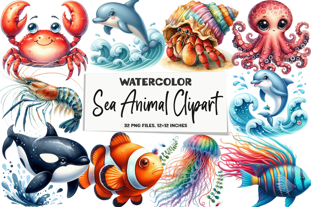 Watercolor Sea Animal Clipart, an Illustration by DreamArtGraphic (Photo 1 of 5)