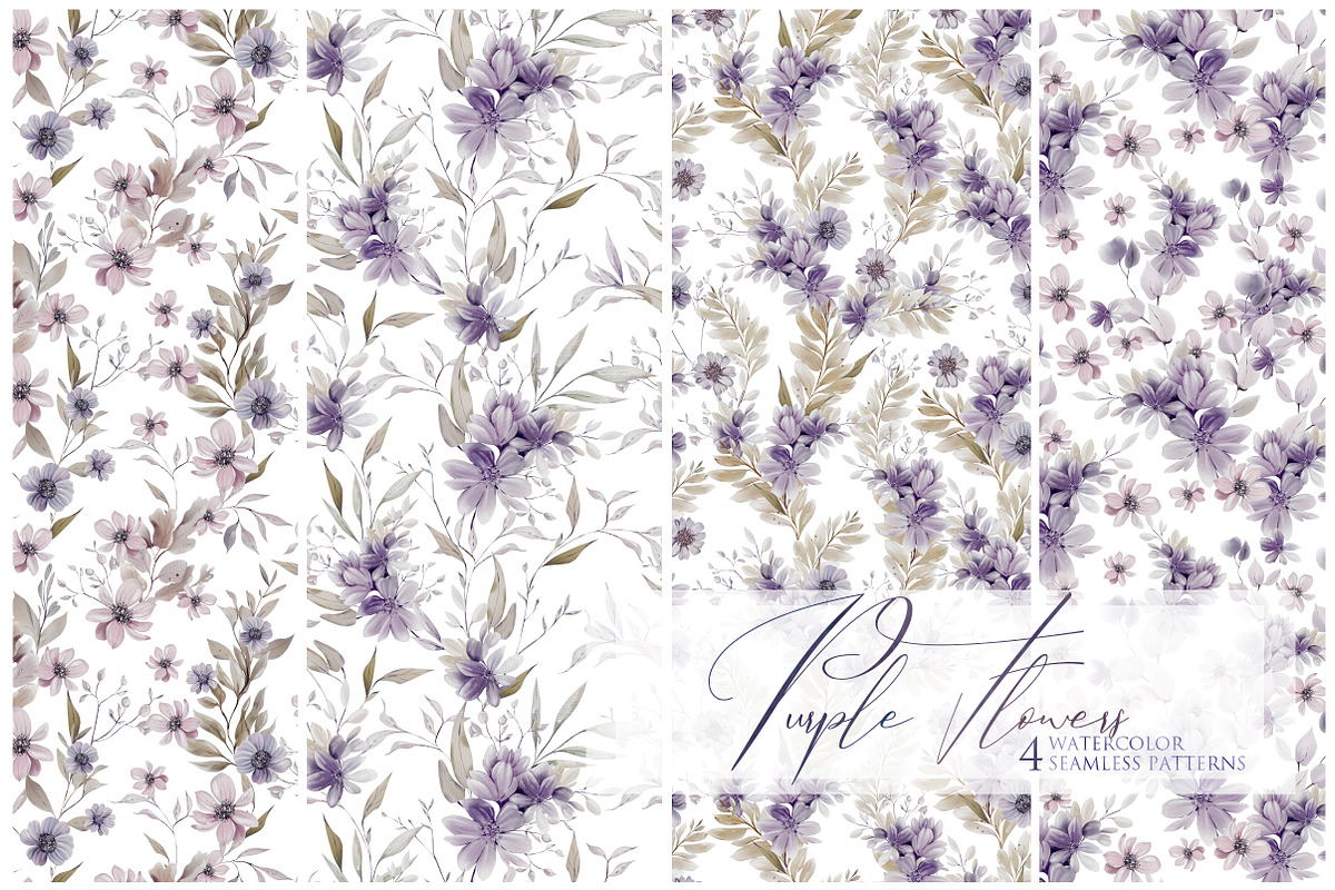 4 Watercolor Purple Seamless Flowers, a Pattern Graphic by Knopazyzy (Photo 1 of 5)