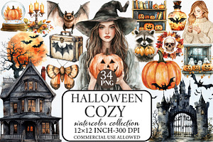 Watercolor Cozy Halloween Clipart, an Illustration by Libby Wishes