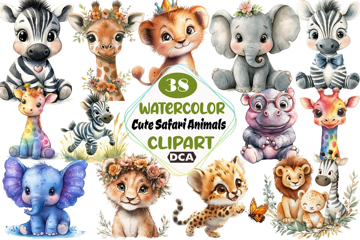 Watercolor Cute Safari Animals Png, an Illustration by DreamCafeArt (Photo 1 of 5)