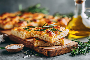 Deliciously baked focaccia bread with fresh rosemary on rustic wooden board, a Food & Drink Photo by AlyaAnd