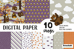 Bear & Bee Digital Paper and Clipart