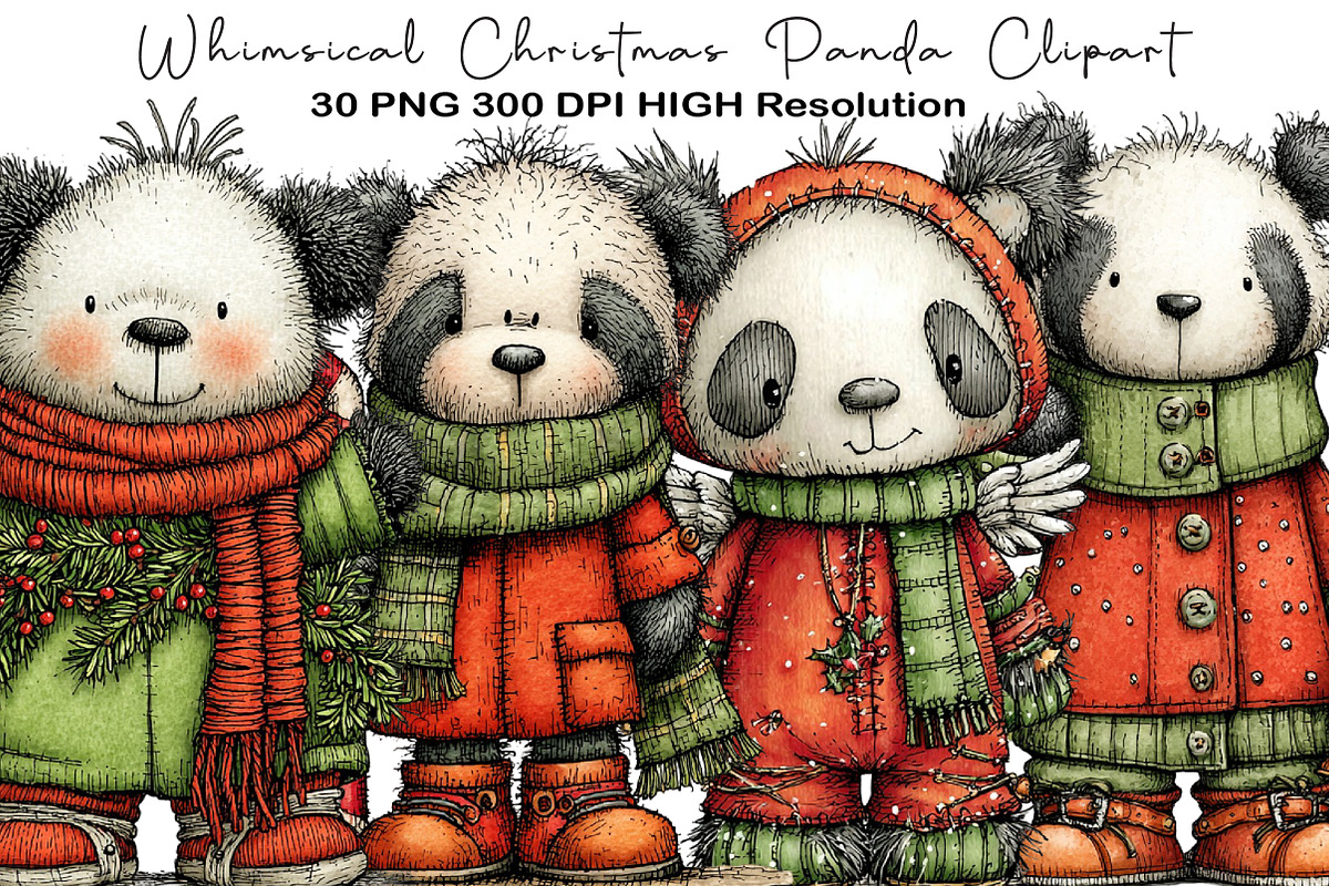 Whimsical Christmas Panda Clipart, an Animal Illustration by Black Bird Studio (Photo 1 of 3)