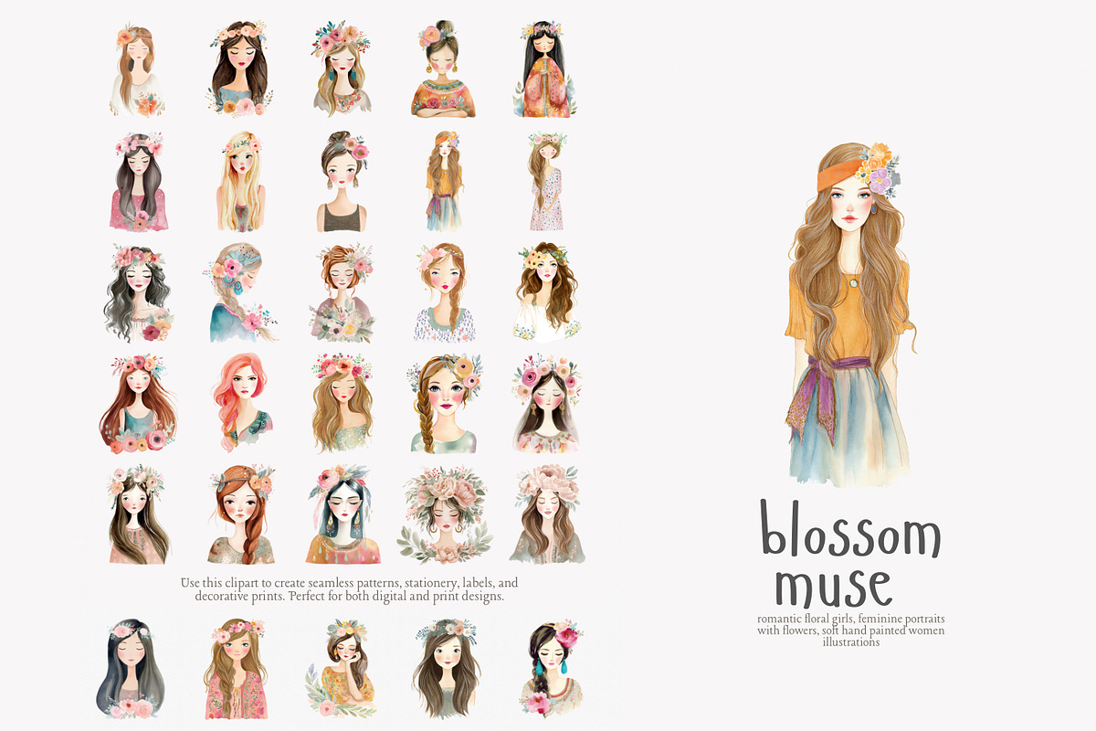 Watercolor boho women clipart set, a Decorative Illustration by Patishop Art (Photo 9 of 11)