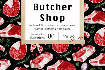Meat, butcher shop. Watercolor.