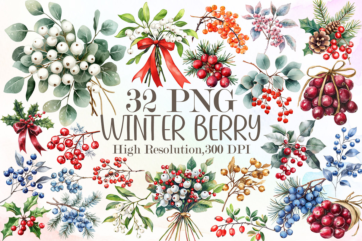 Watercolor Winter Berry Christmas Se, an Illustration by Sublimation Artist (Photo 1 of 6)