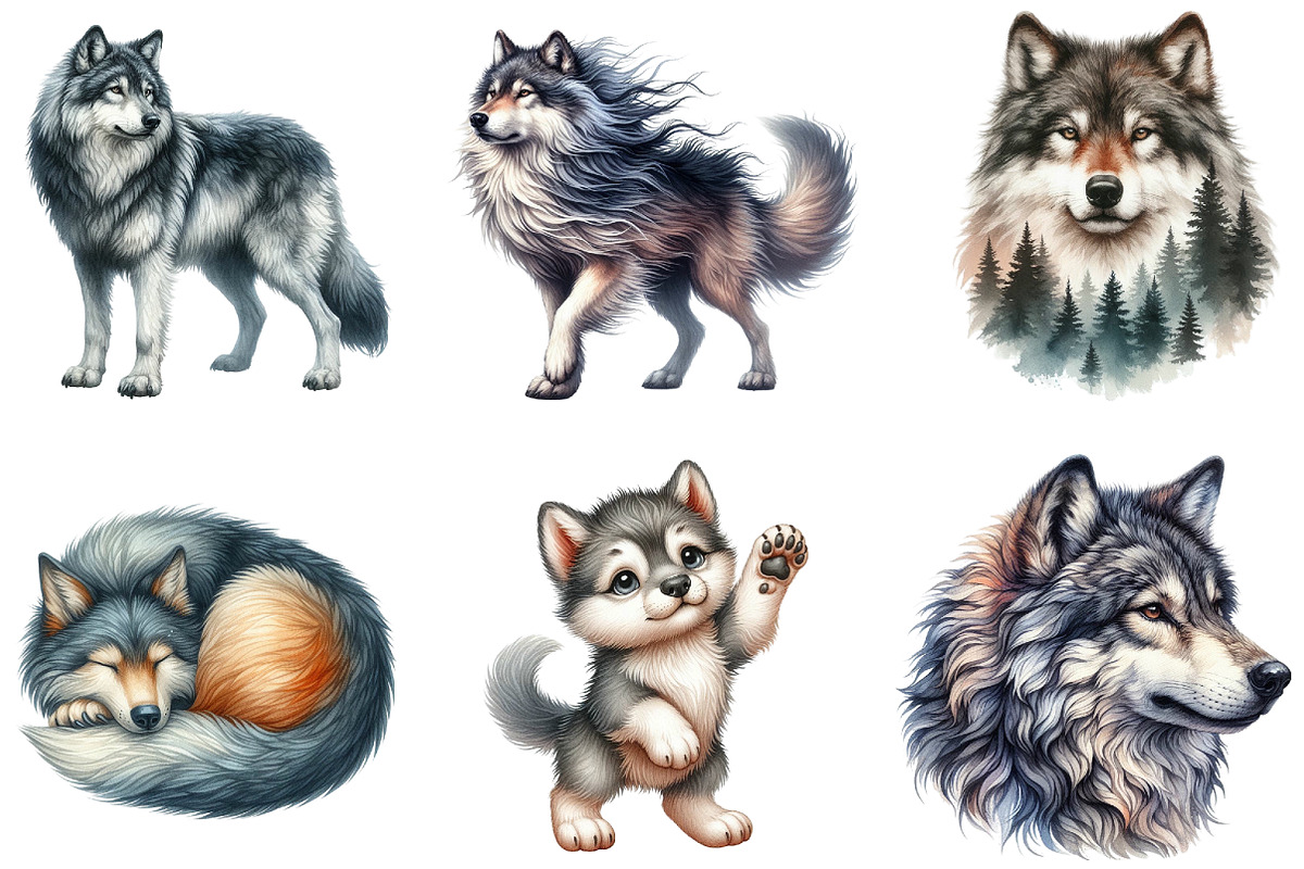 Watercolor Wolf Clipart Bundle, an Illustration by DreamArtGraphic (Photo 4 of 6)