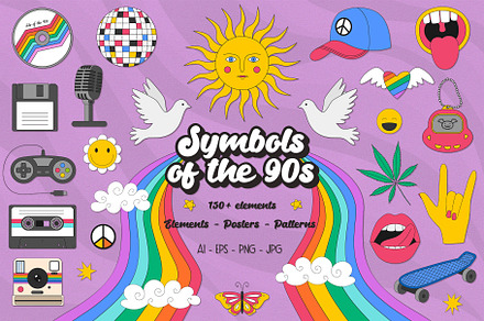 The 90s. Cliparts, cards, patterns
