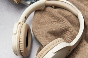 Wireless headphones, eyeglasses and notebooks resting on cozy sw, a Technology Photo by Olena Rudo