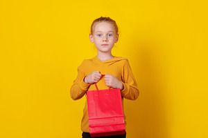 Young girl holding a red shopping bag against a vibrant yellow b, a Person Photo by Ales Munt