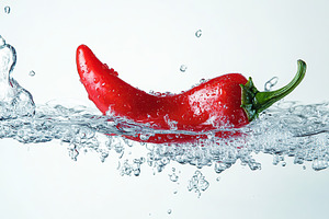 Red chilli pepper falling in water, a Food & Drink Photo by AlyaAnd
