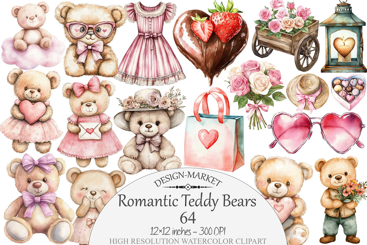 Watercolor Romantic Teddy Bears Clip, a Seasonal Illustration by Design Market (Photo 1 of 5)