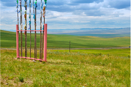 Buddhist flags on a hill near the