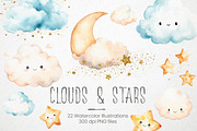 Watercolor moon stars & clouds, PNG, an Object Illustration by PixelJungle (Thumbnail 1 of 4)