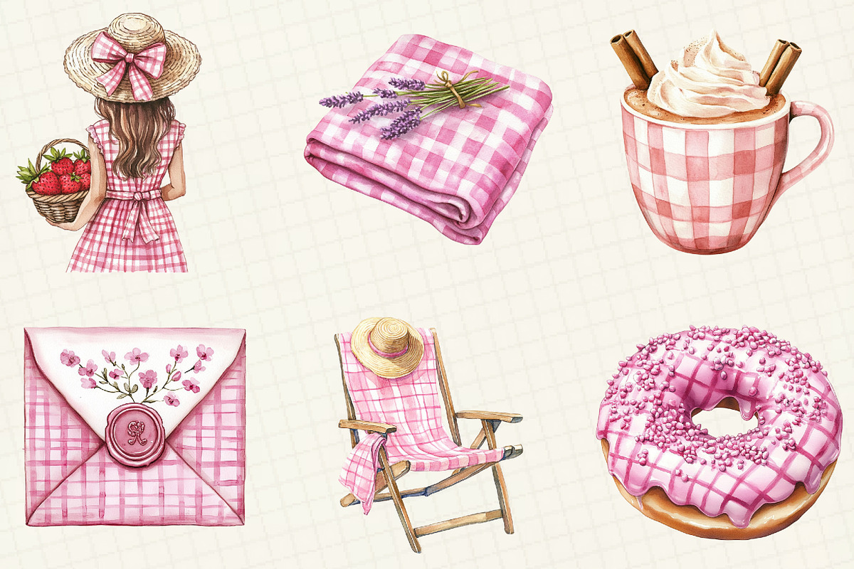 Pink Gingham Summer Clipart, an Illustration by OK Design (Photo 3 of 5)