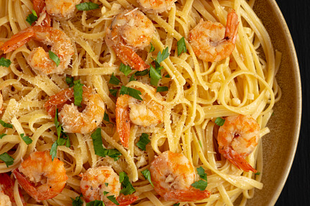 Baked Shrimp Scampi Linguine Pasta with Parsley on a Plate, top, a Food & Drink Photo by LiudmylaChuhunova