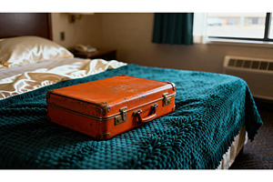 Vintage orange suitcase resting on