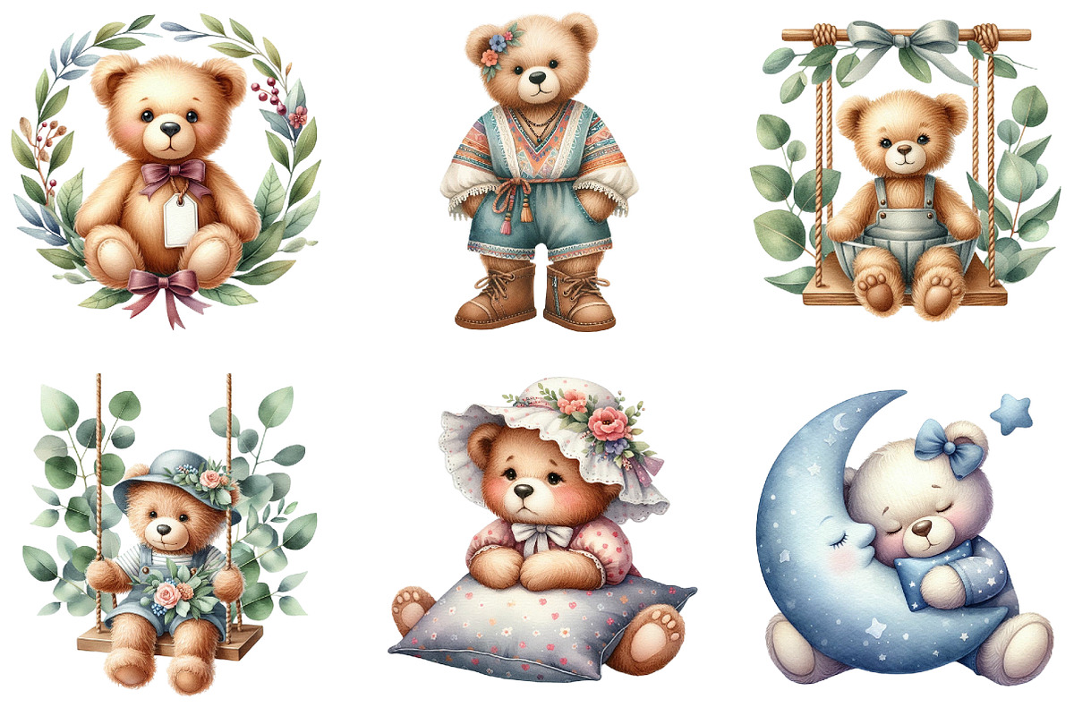 Nursery Teddy Bear Clipart,Boho, an Illustration by DreamArtGraphic (Photo 2 of 7)