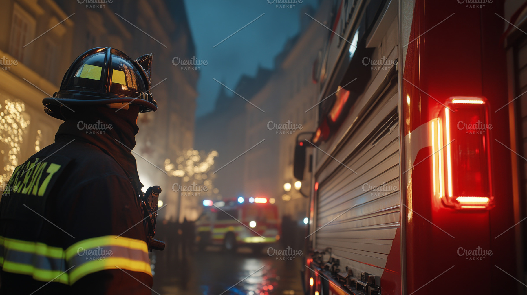 Firefighter standing next to fire truck on city street at night, a Photo by Dvoevnore photos
