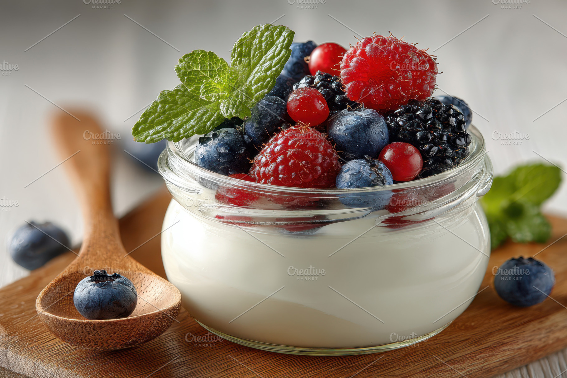 Yogurt with fresh berries and mint garnish, a Food & Drink Photo by AlyaAnd