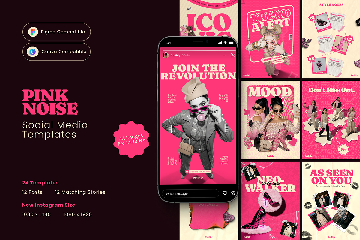 PINKNOISE Brutalist Social Media Kit, a Social Media Template by Sooni Gaad (Photo 1 of 10)