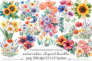 Watercolor Flower Collection Clipart, an Illustration by Designking