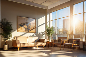 Beige office waiting room interior, a Background Photo by Fascinadora