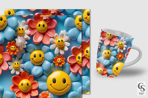 3D Smiley Flowers Seamless Patterns