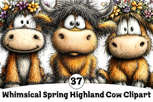 Whimsical Spring Highland Cow Clipar, an Illustration by Design Market