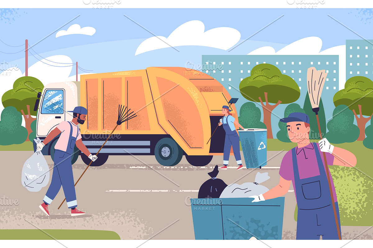 Garbage truck loading. Street, a Person Illustration by Stock-Smart-Start
