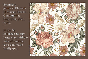 Set Seamless Flowers Roses Hibiscus