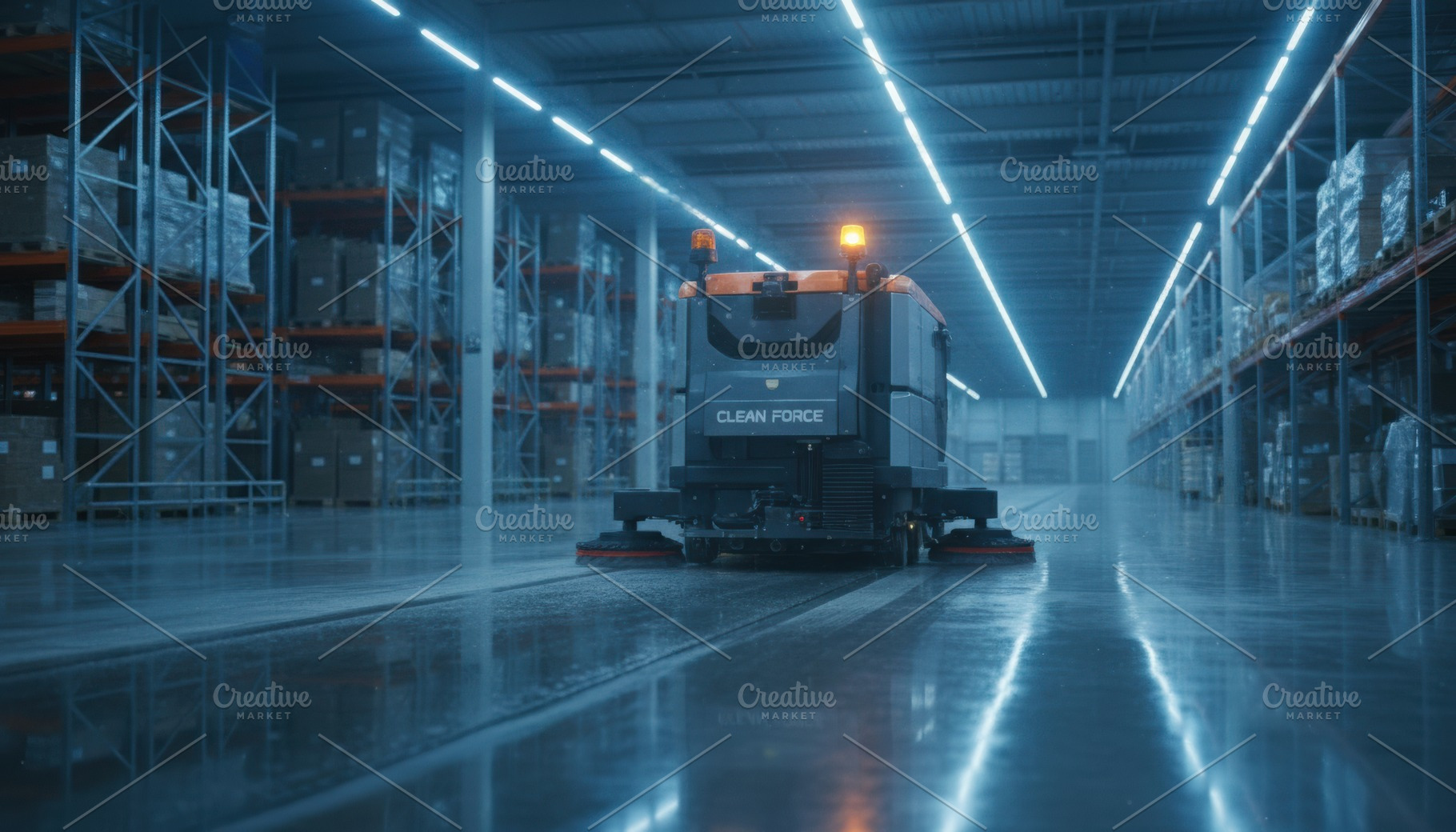 Ride on floor scrubber working in distribution center, an Industrial Photo by Igor Tichonow