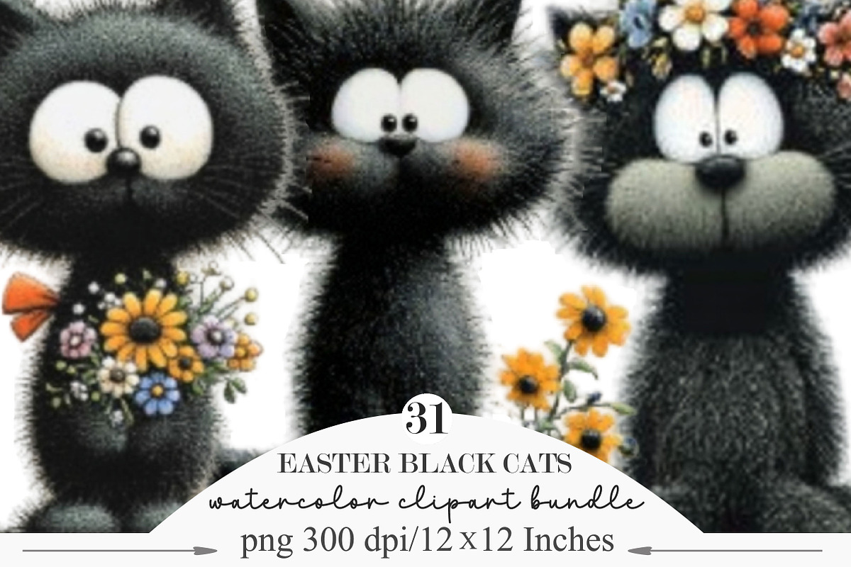 Whimsical Easter Black Cats Clipart, an Illustration by Designking (Photo 1 of 7)