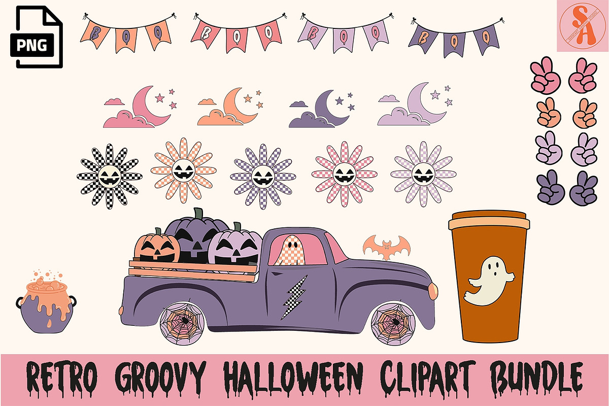 Retro Groovy Halloween Clipart PNG, an Object Graphic by RETROVIBZDESIGNS (Photo 2 of 6)