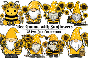 Bee Gnome with Sunflowers Clipart, an Illustration by Dream Creation
