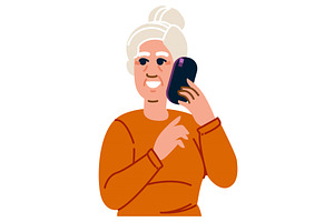Happy elderly woman using smartphone, a Person Illustration by pikepicture