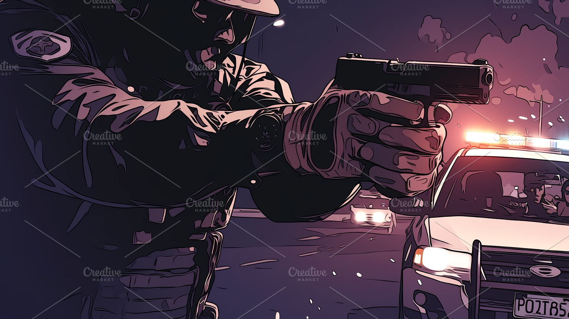 Police officers aiming weapons in a nighttime operation near patrol vehicles, a Photo by AS photostudio