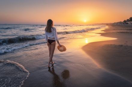 Beautiful woman with straw hat is standing in sea with waves, a Person Photo by den-belitsky